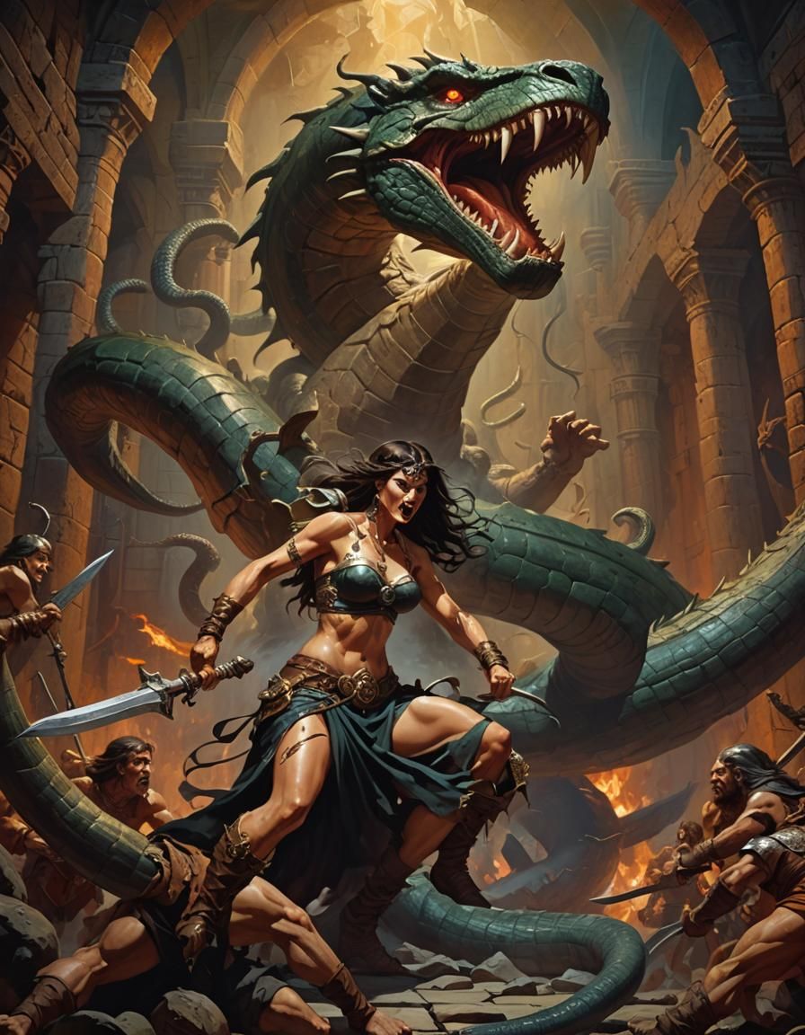Barbarian Woman Battles Serpent: Dark Fantasy Art