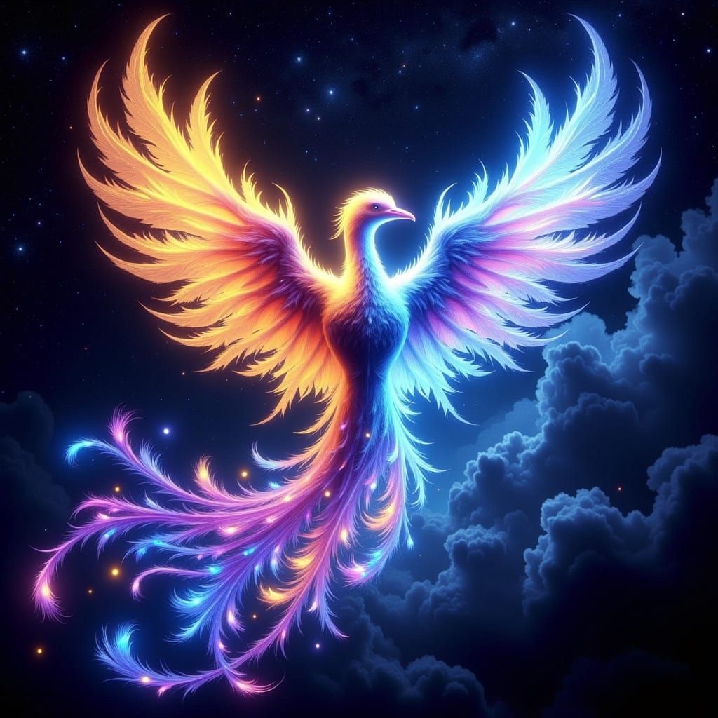 a magical light Phoenix flying through the galaxy, leaving beautiful designs behind it <lora:Flux Vivid Visions:1.0>