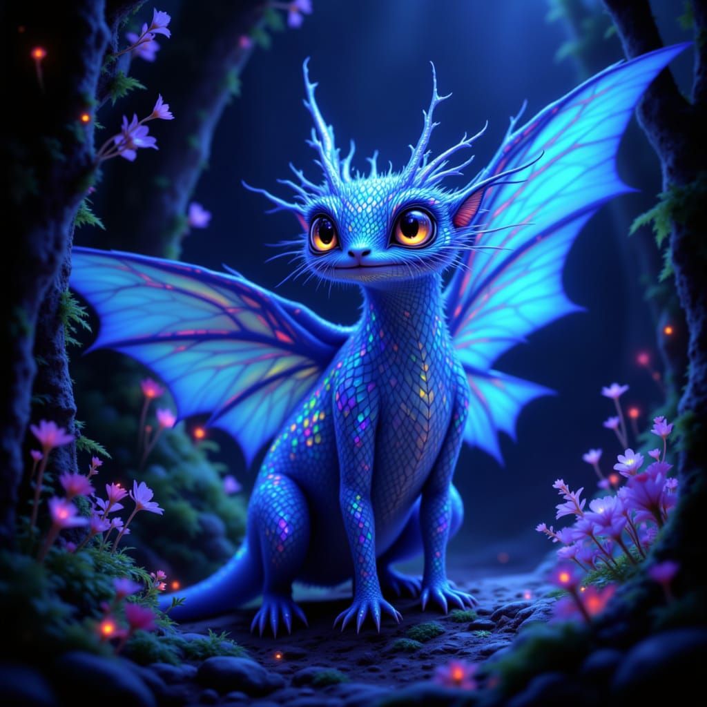 Fantastical Creature in Bioluminescent Forest Digital Art