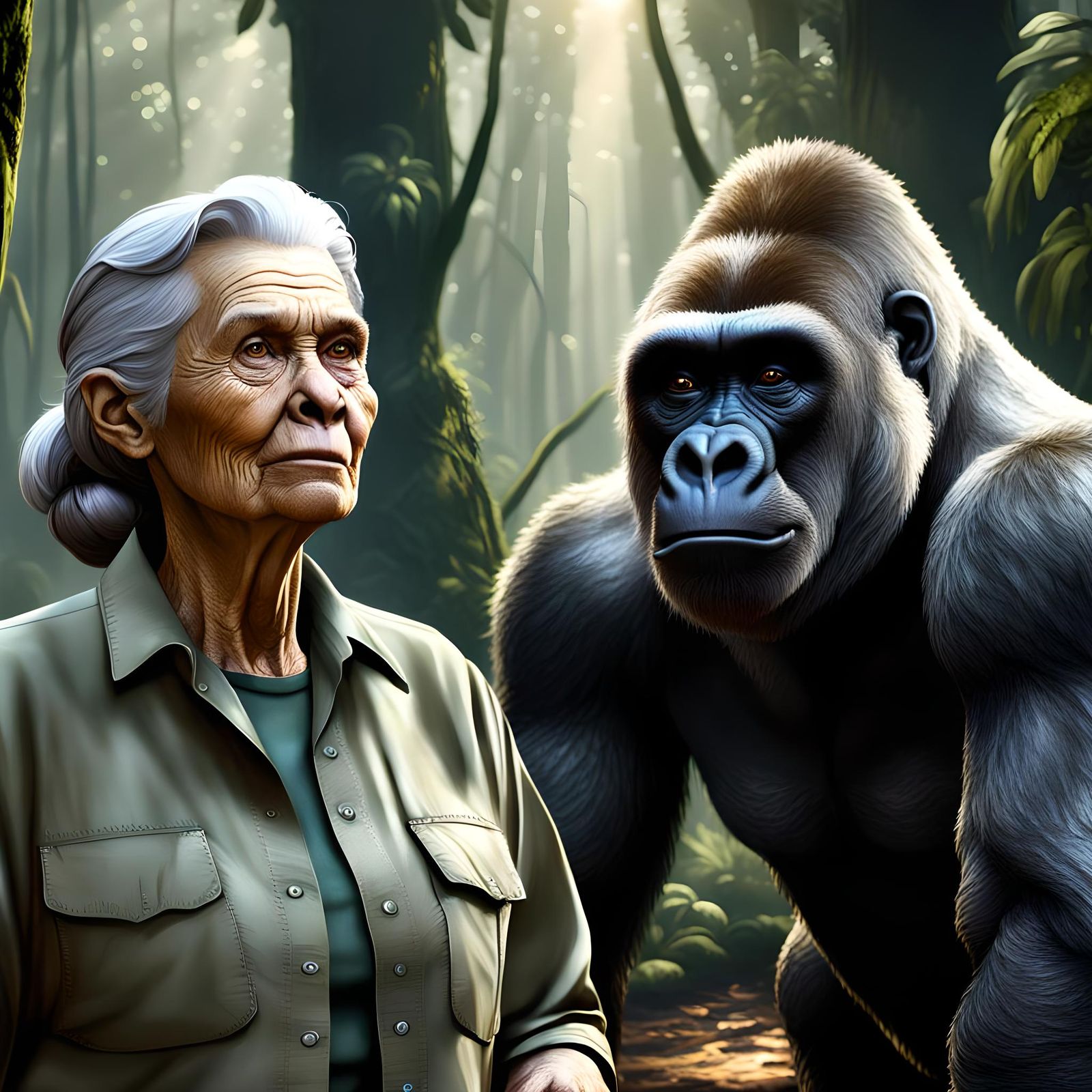 Jane Goodale with Silverback Gorilla in Jungle