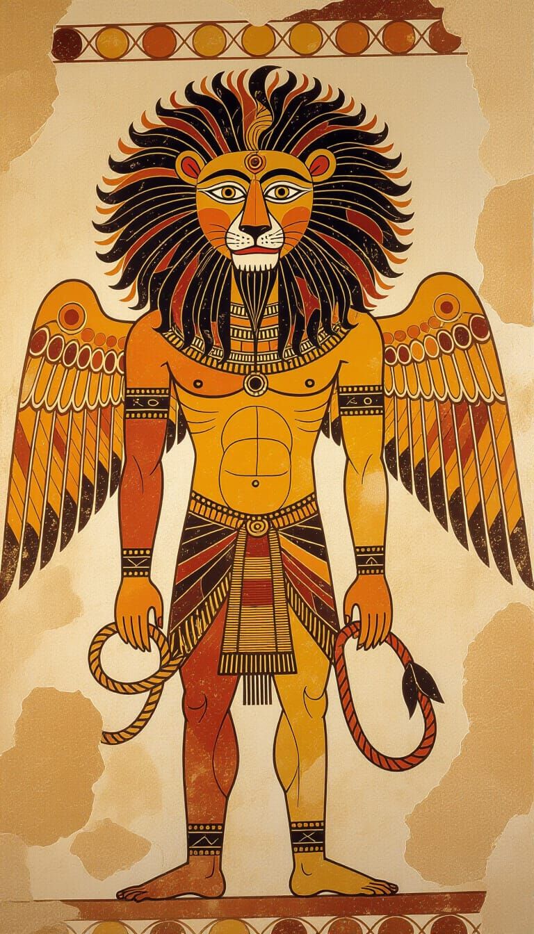 Ancient Cave Painting of Lion-Headed Deity in Earth Tones