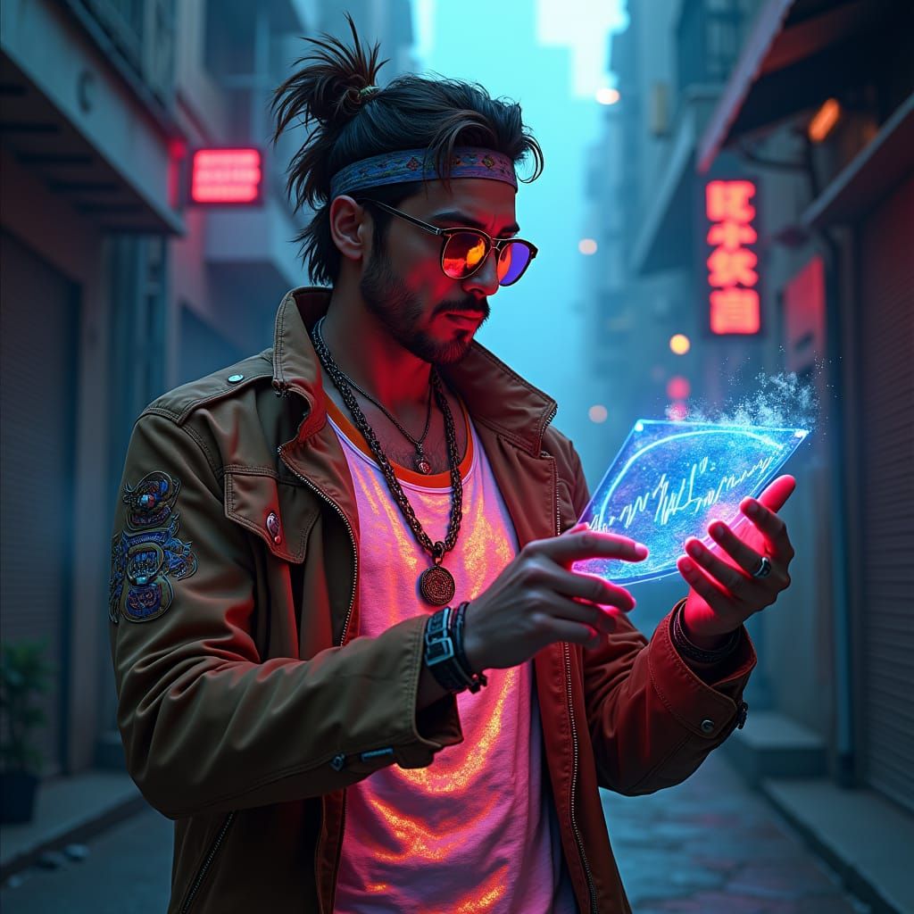 Cyberpunk Tech Trader in Neon Alleyway
