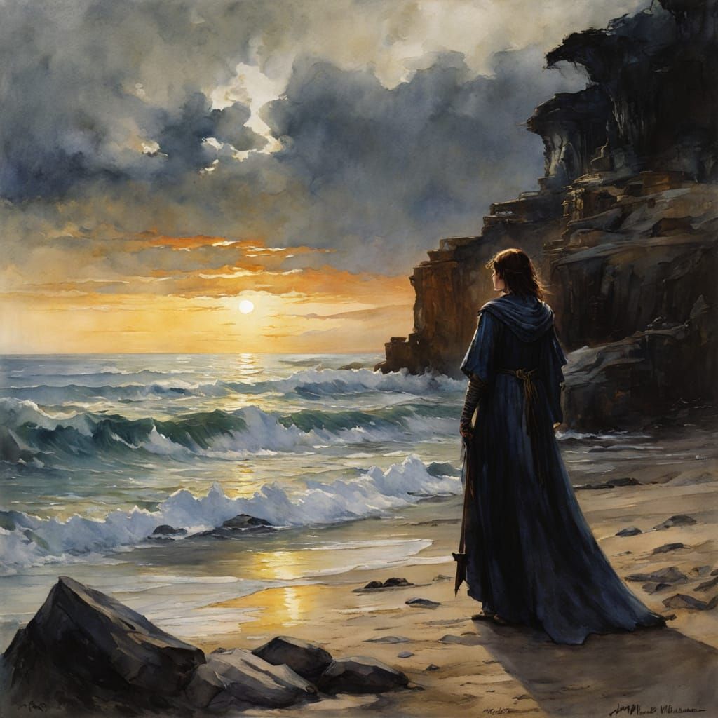 Girl Wizard on Seashore in Watercolor Style