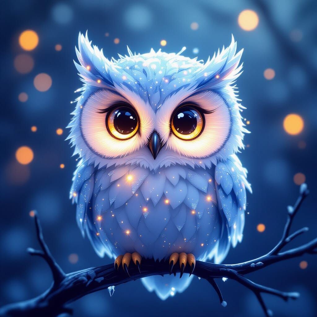 Glowing Ice Owl with Sparkling Feathers in Whimsical 3D Styl...