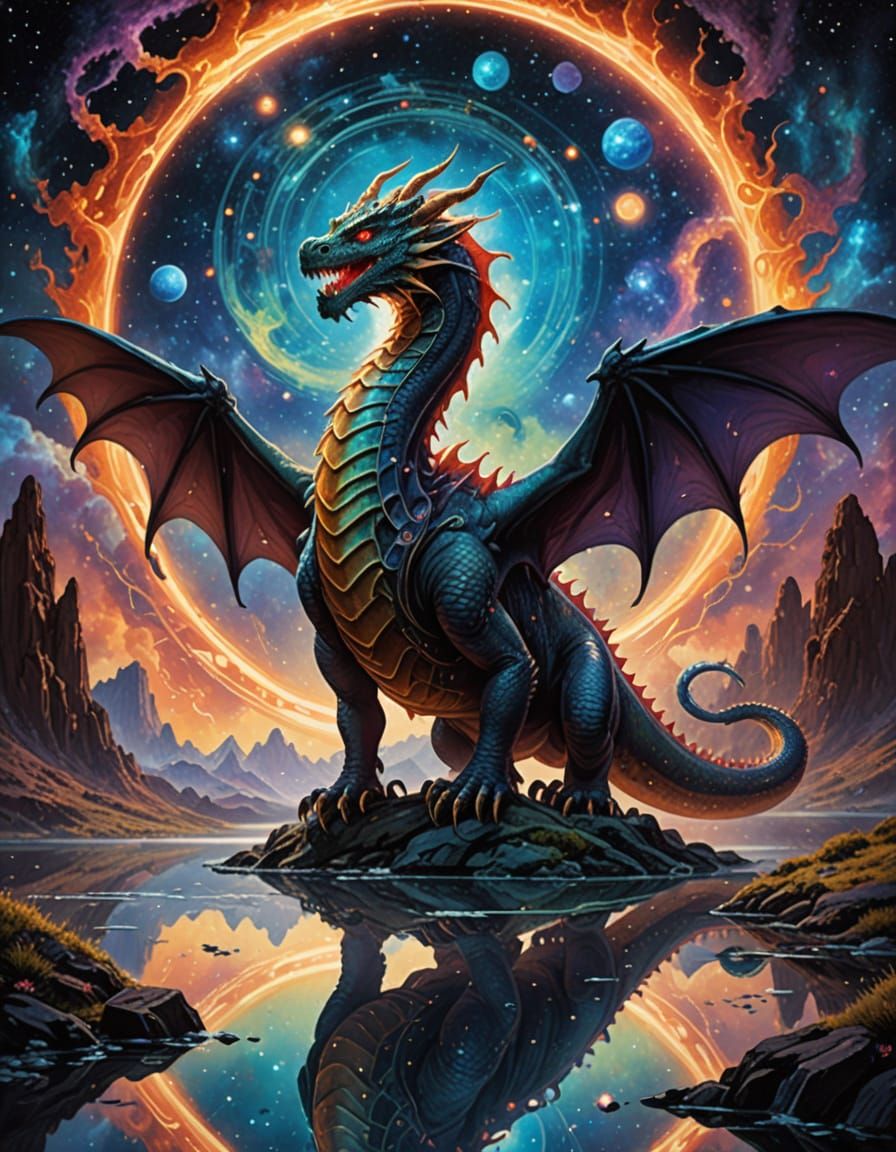 Celestial Dragon Coiling Around Crystalline Portal