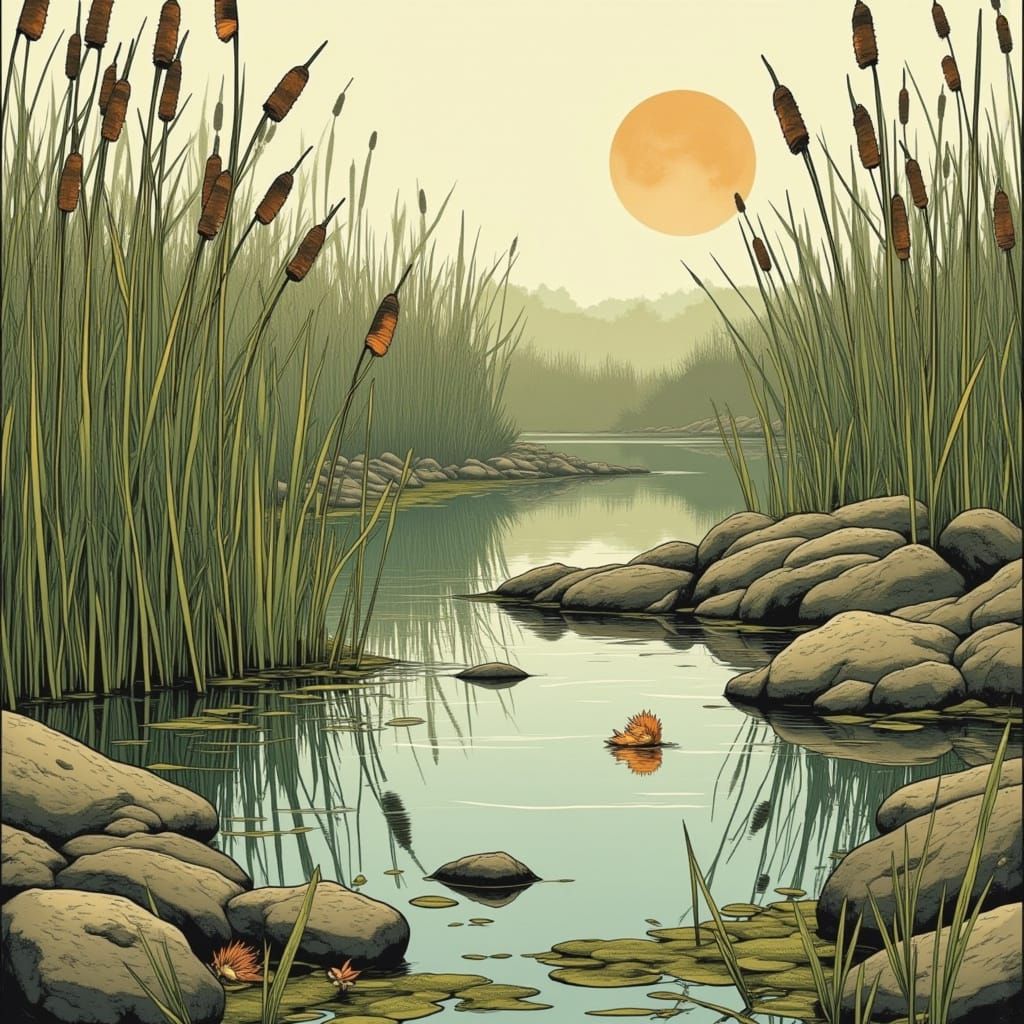 Cattails in Wetland Scene with Whimsical Style