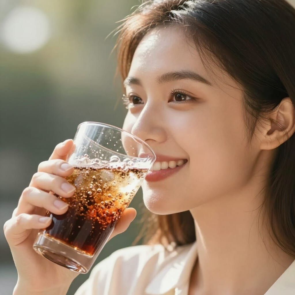 Photorealistic Woman Sips Sparkling Soda in Soft Sunlight