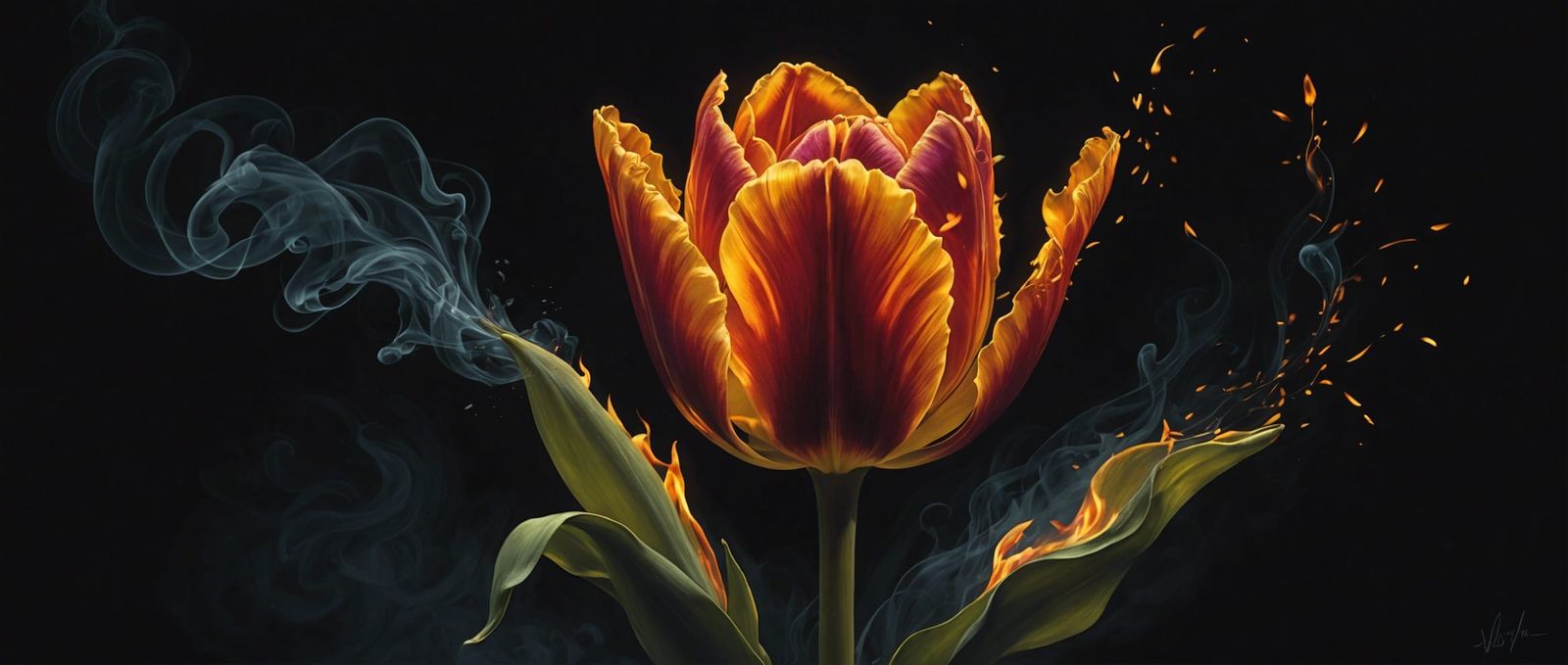 Burning Fire Tulip in Ornate Oil Painting