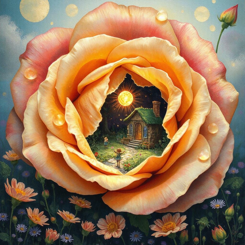 Miniature Fairy Village Inside Dewy Rose, in Gouache Style