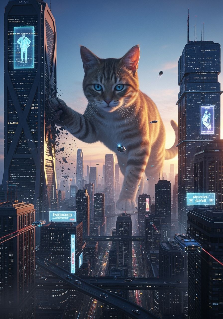 Giant Cat Roams Futuristic Metropolis at Twilight