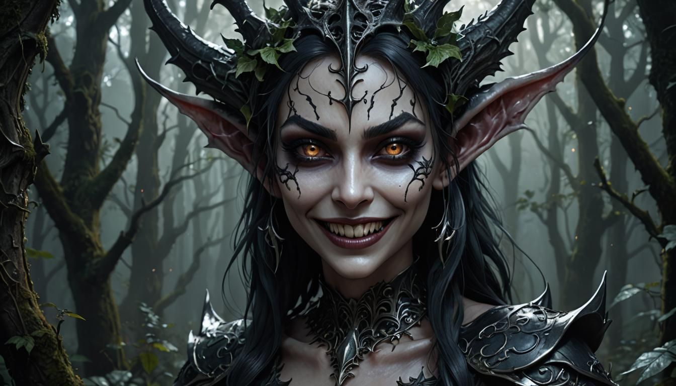 Gothic Elf Woman in Misty Forest: 3D Anime Art