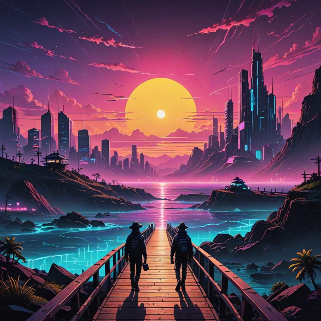 Vibrant Neon Cyberpunk Cityscape at Dusk