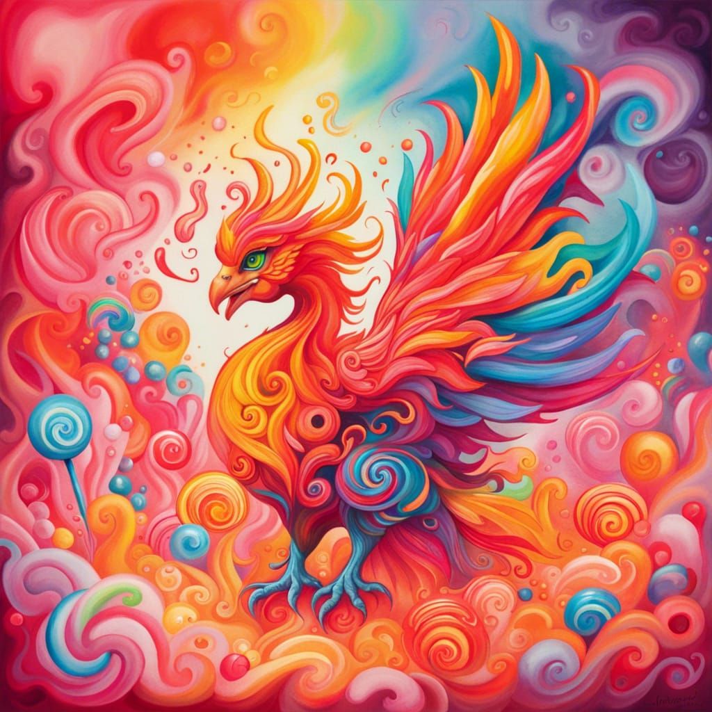 Candy Phoenix Rising in a Gouache Wonderland