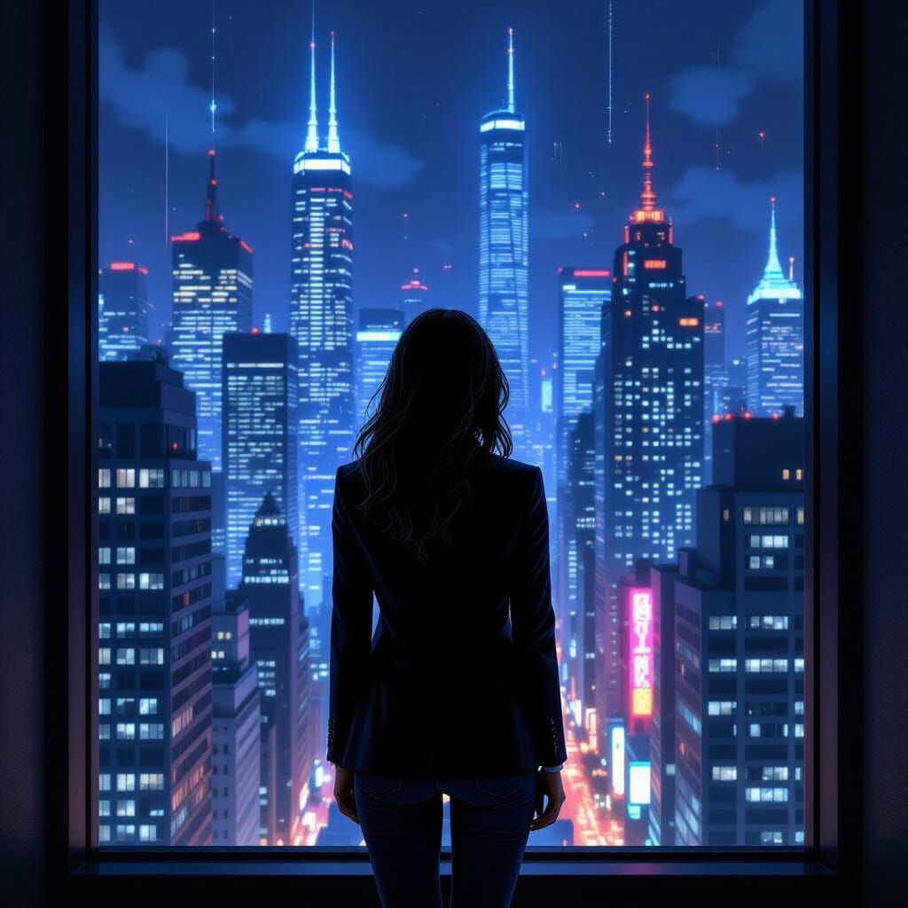 Woman Gazing at Cityscape in Comic Book Style