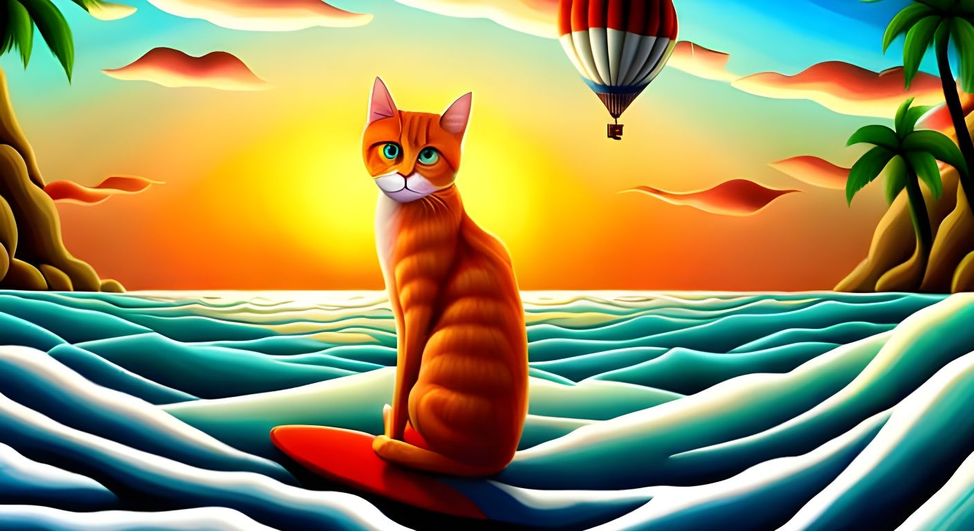 Cat Surfer on Wave in Naive Patchwork Style