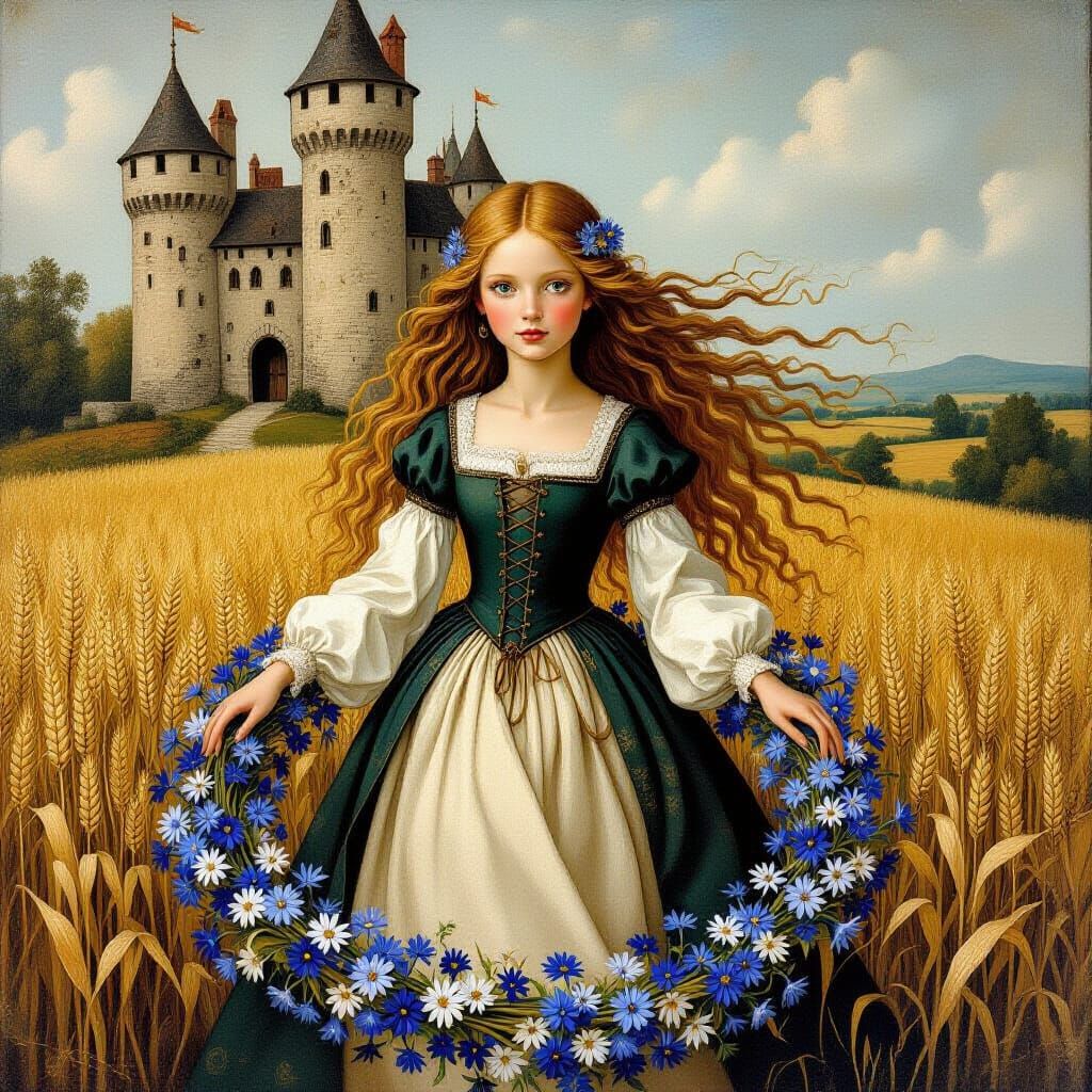 Medieval Girl with Cornflowers: Primitive Oil Painting