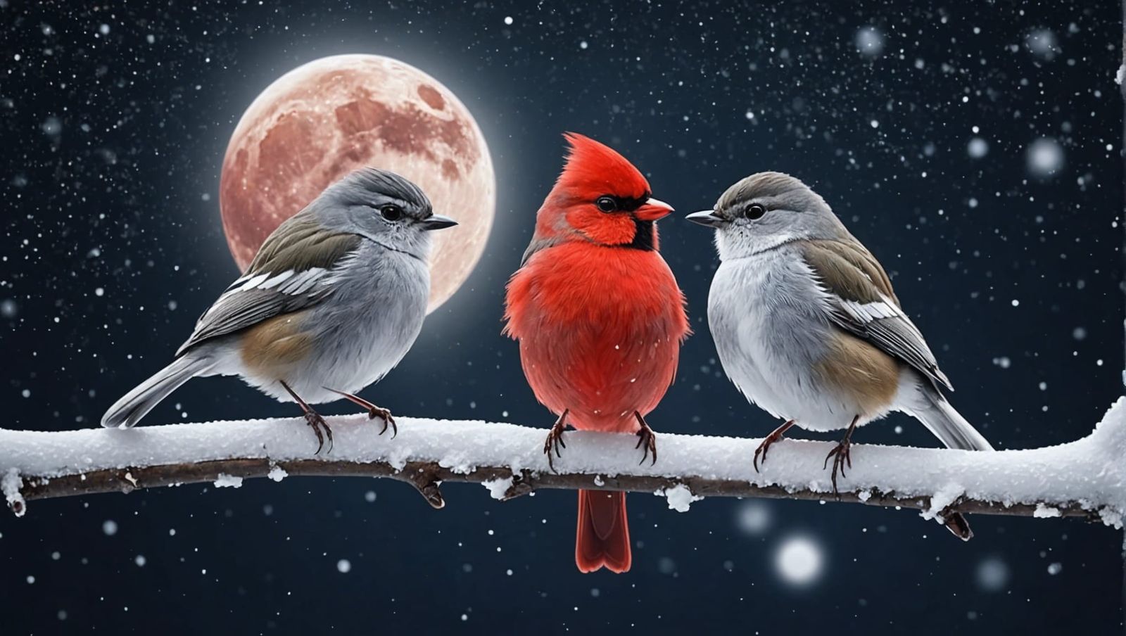 Two Colorful Birds on Snowy Branch at Night