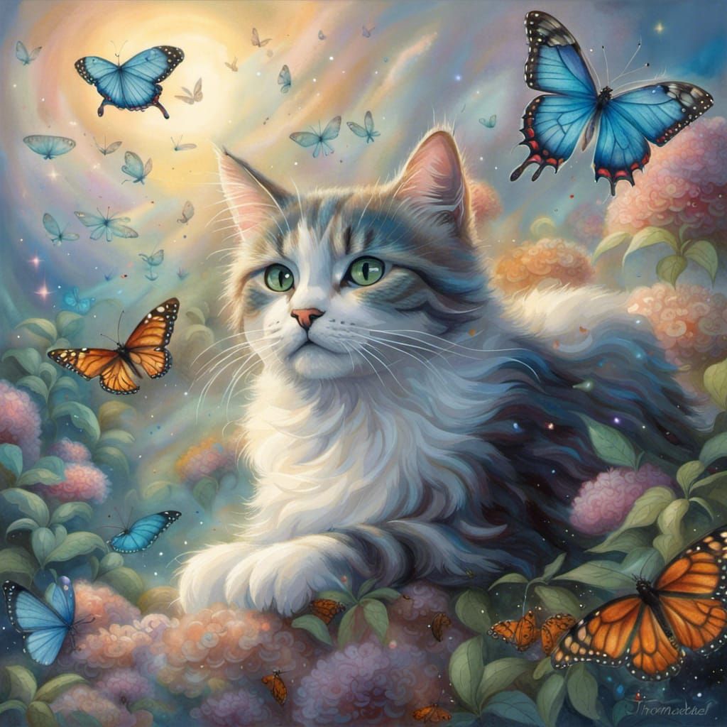 Cat Lounging Under Sky with Butterflies in Watercolor Style