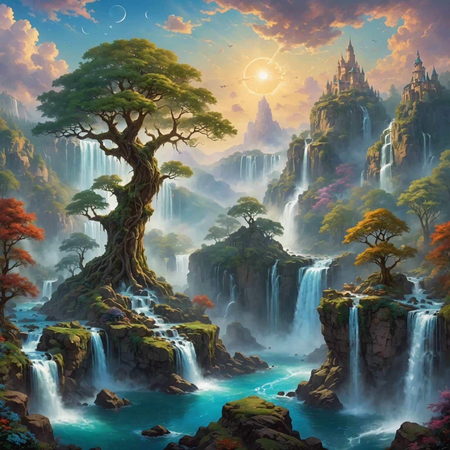 Ethereal Sky Kingdom with Ancient Tree and Zodiacs