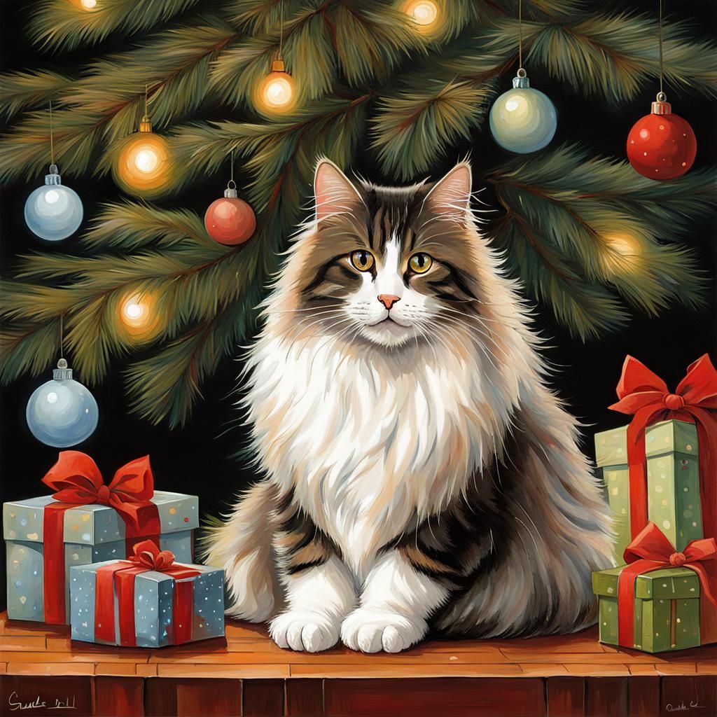 Norwegian Forest Cat Under Christmas Tree as Borelli Paintin...