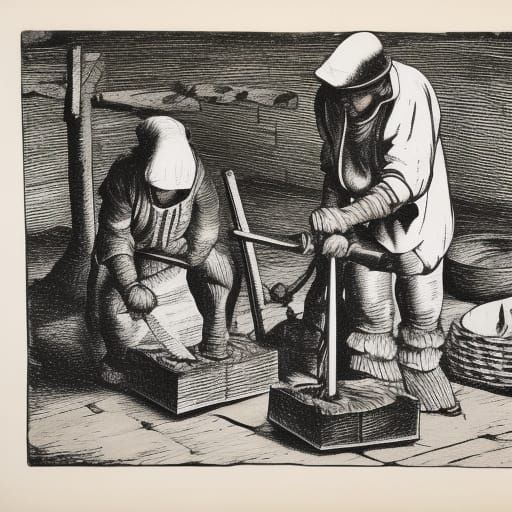 Women Forging Wheel: Black and White Linocut