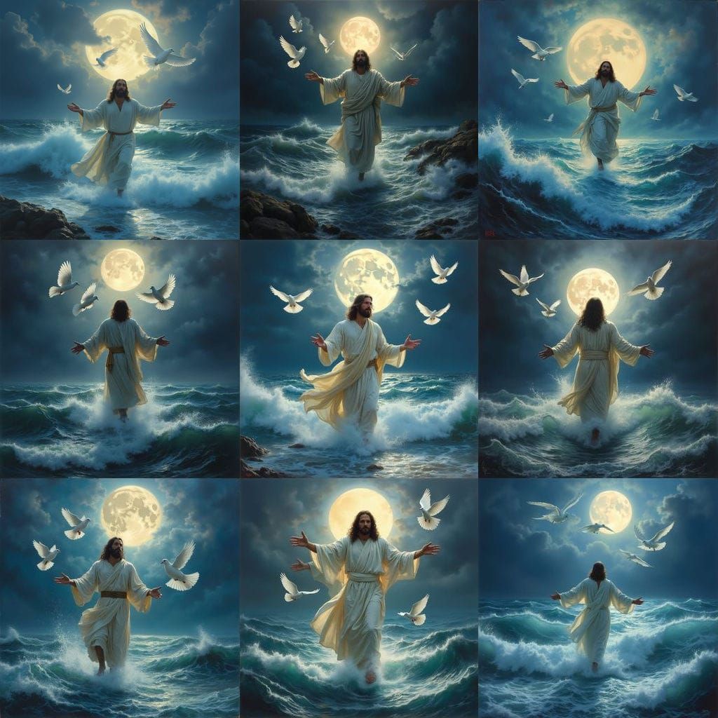Jesus Walks on Water Under Full Moon in Stormy Sea
