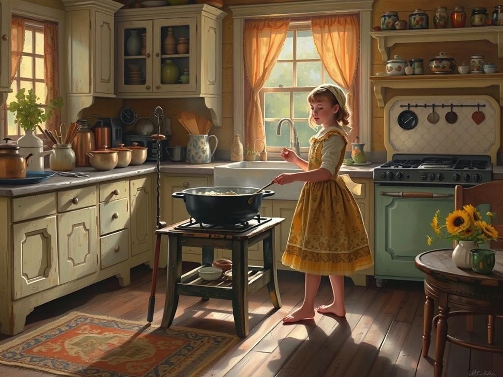 Enchanting Kitchen Scene in Folk-Art Style