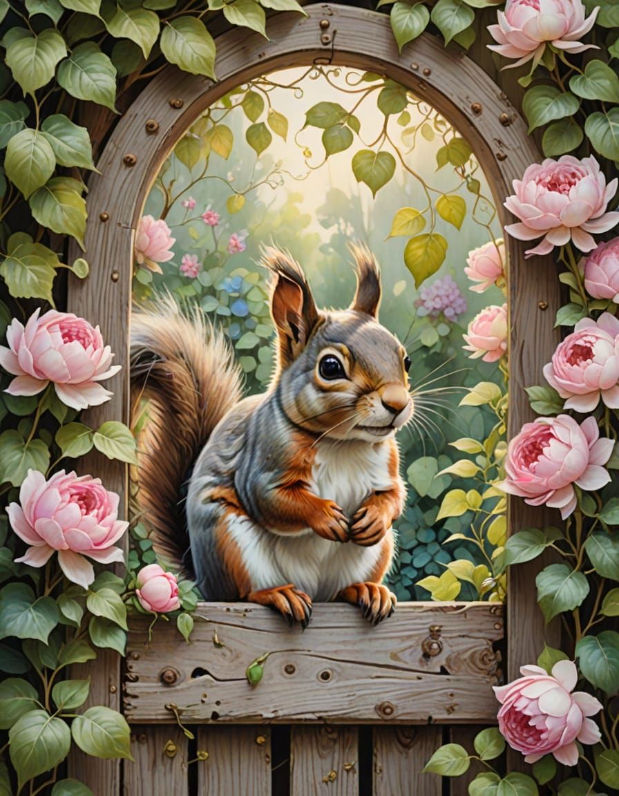Squirrel in Enchanted Garden: Watercolor and Oil Painting