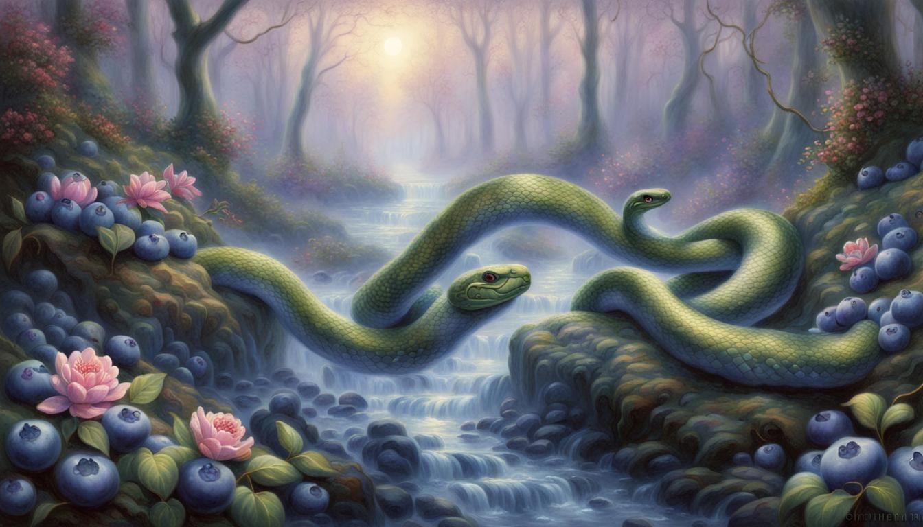 Ethereal Blueberry Snake in Fantasy Landscape