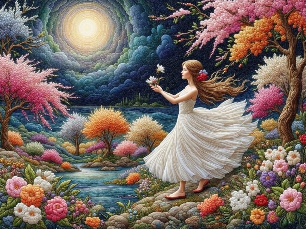 Luminous Embroidered Dancers Under Moonlight