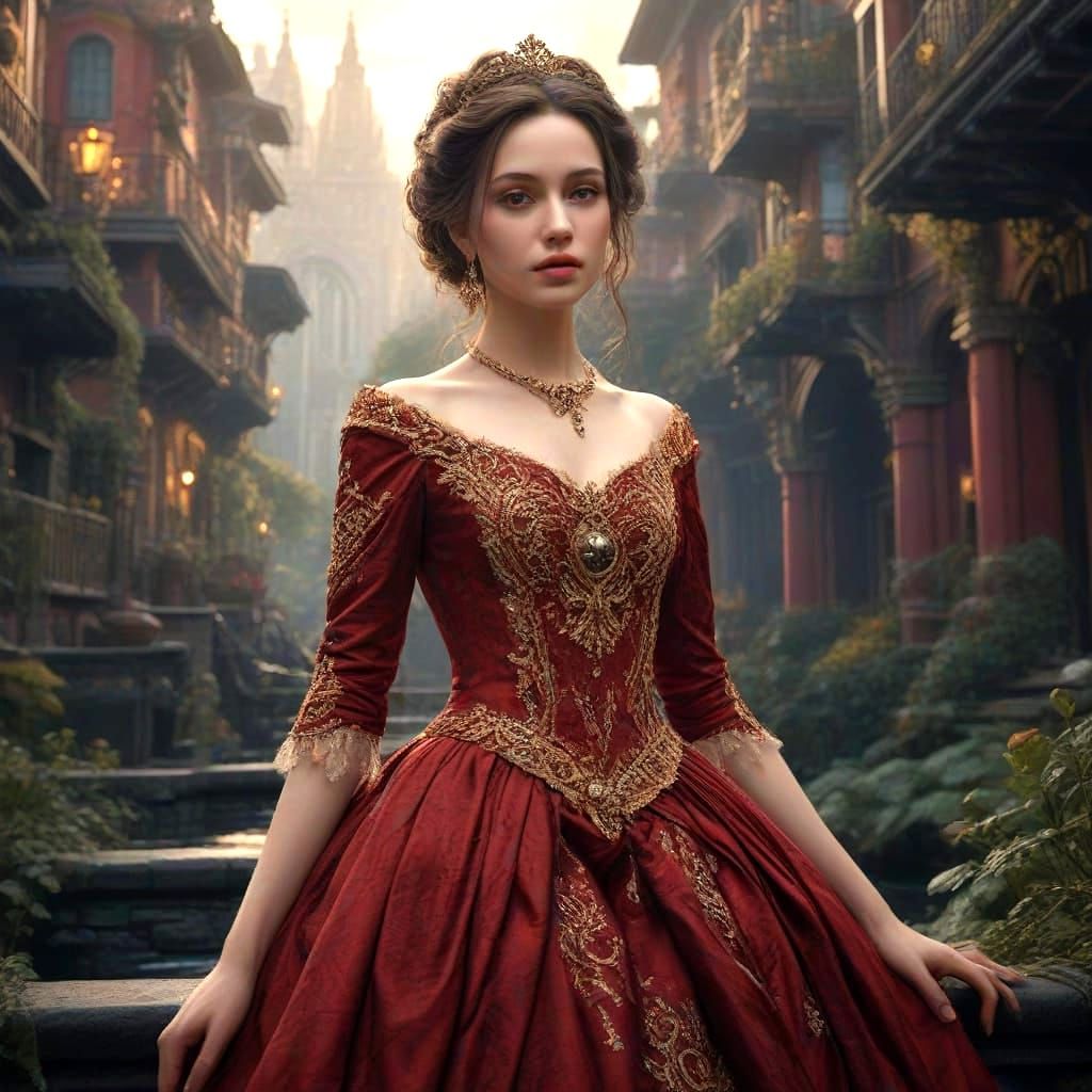 Ethereal Victorian Goddess in Crimson Gown