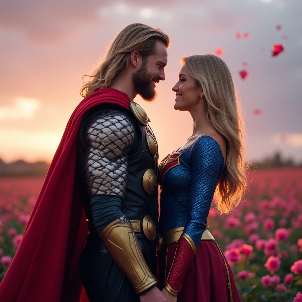 Thor and Supergirl in a Windy Rose Garden at Twilight