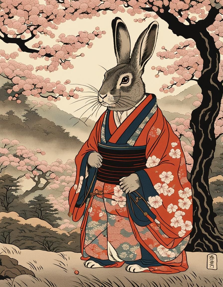 Wise Rabbit in Forest Clearing: Ukiyo-e Print