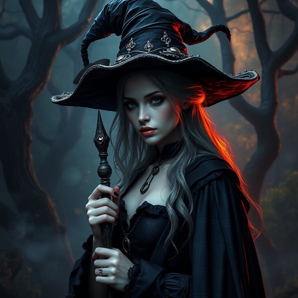 Gothic Witch in Tattered Wizard's Hat, Holding Ebony Wand wi...