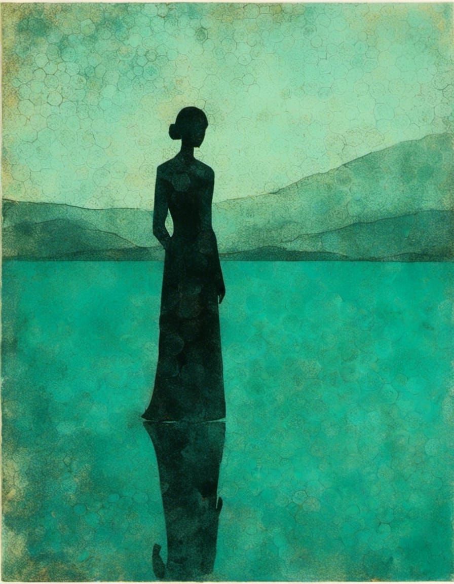 Woman by Lake at Dusk: Minimalist Teal Transfer
