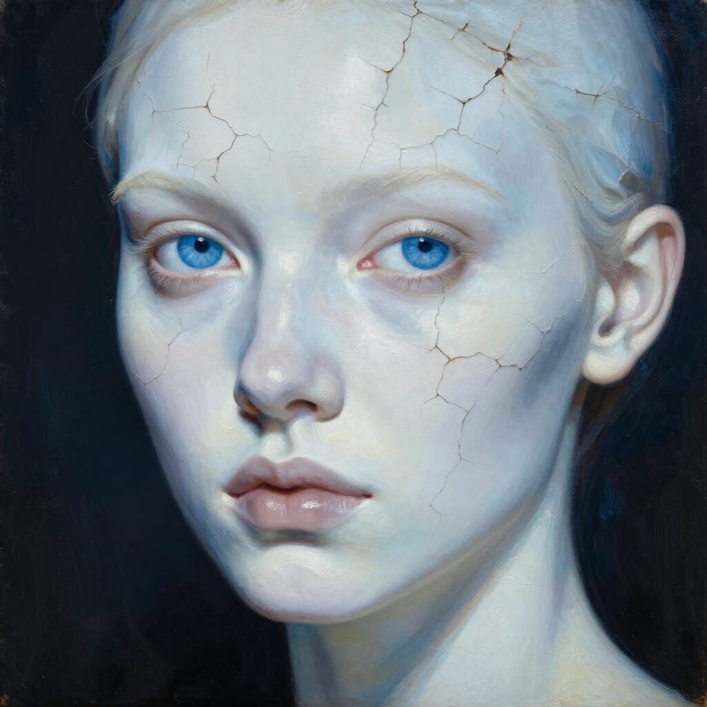 Surreal Portrait: Cracked Woman in Chiaroscuro Oil Style