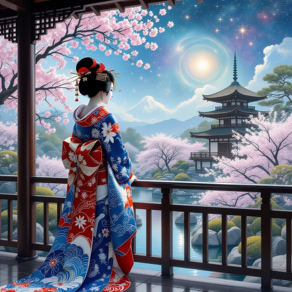 Celestial Geisha in Japanese Garden: Art Nouveau