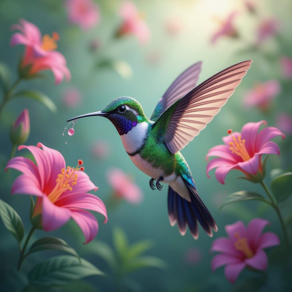 Hummingbird-Butterfly Hybrid in Vibrant Anime Garden