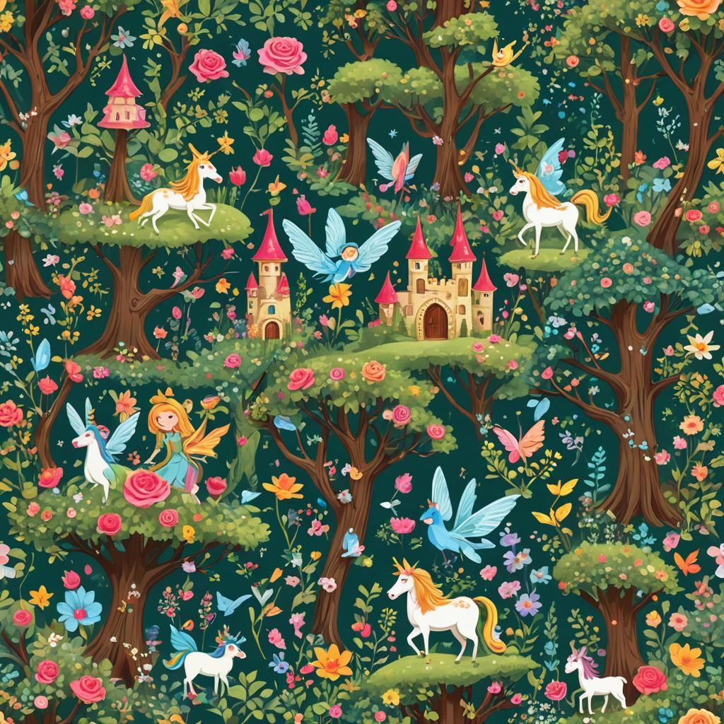 Enchanted Forest Scene with Fairies and Mythical Creatures
