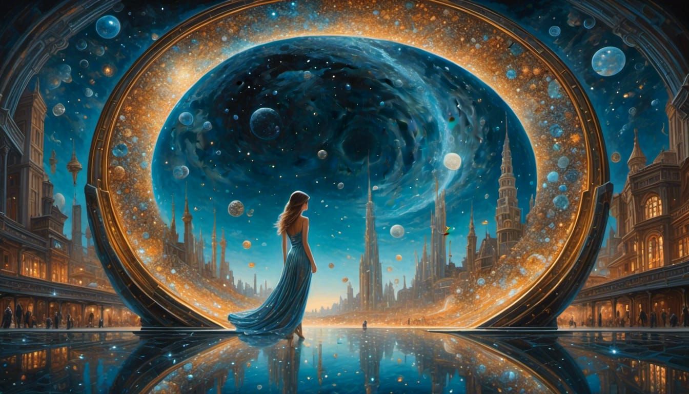 Intricate Silver Portal to a Starry Galaxy