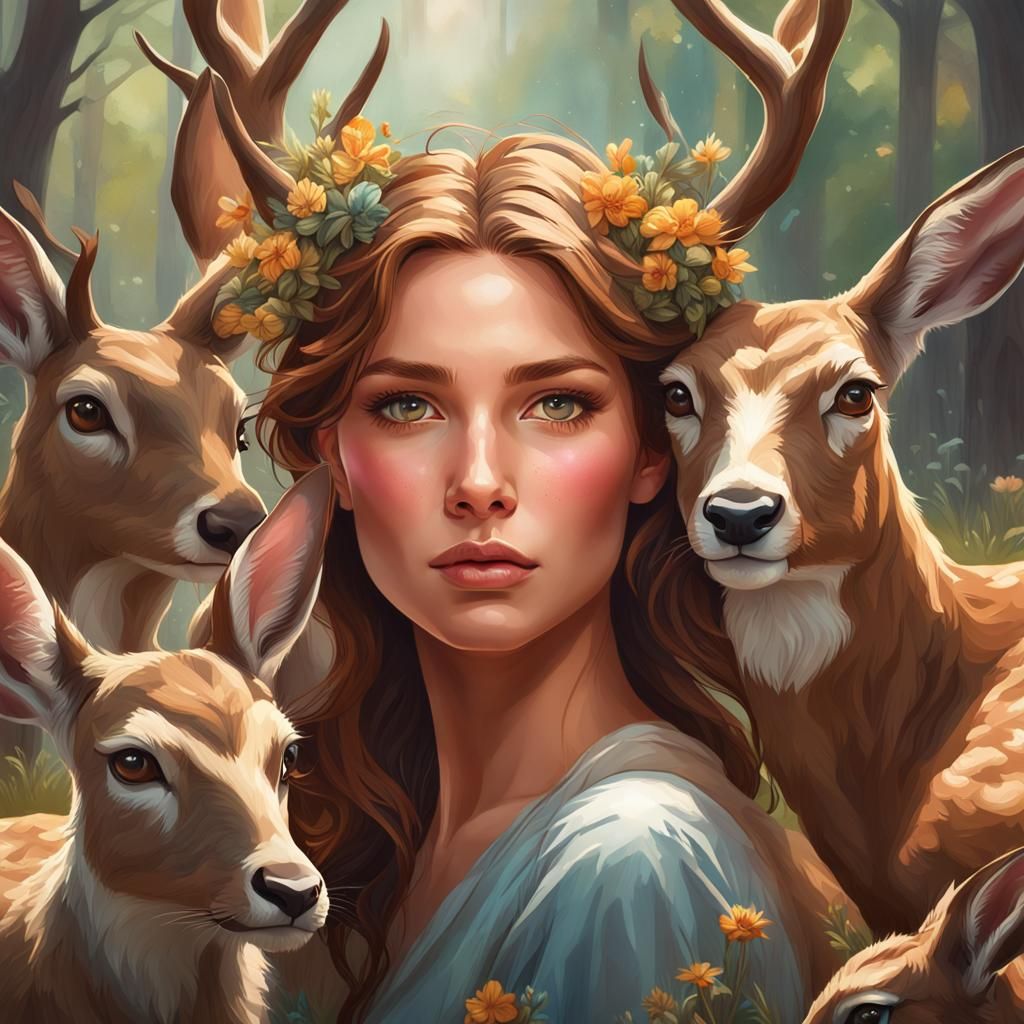 Beautiful Woman Portrait with Deer in Hyperdetailed Style