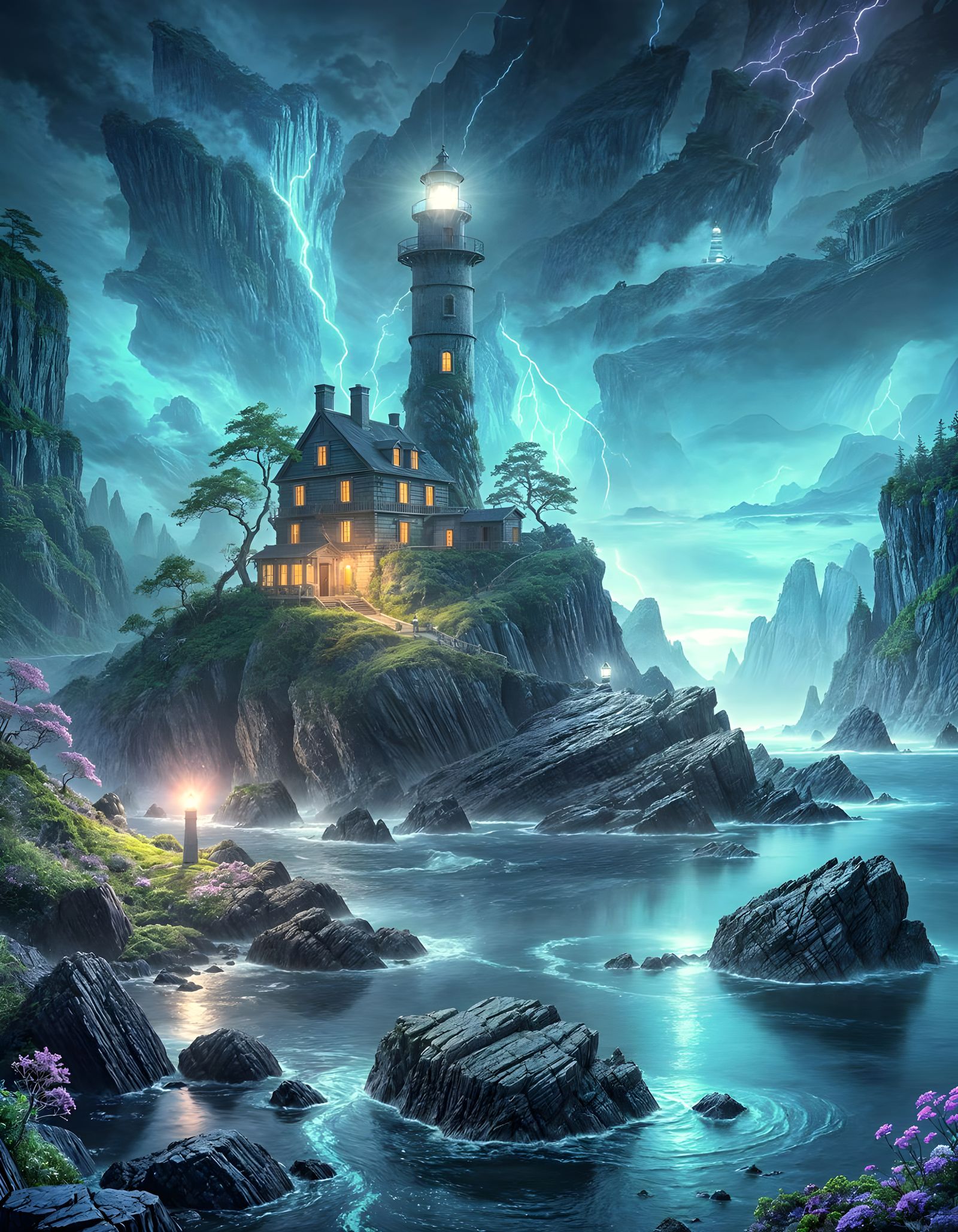 Bioluminescent Lighthouse on Alien Coast: Digital Painting