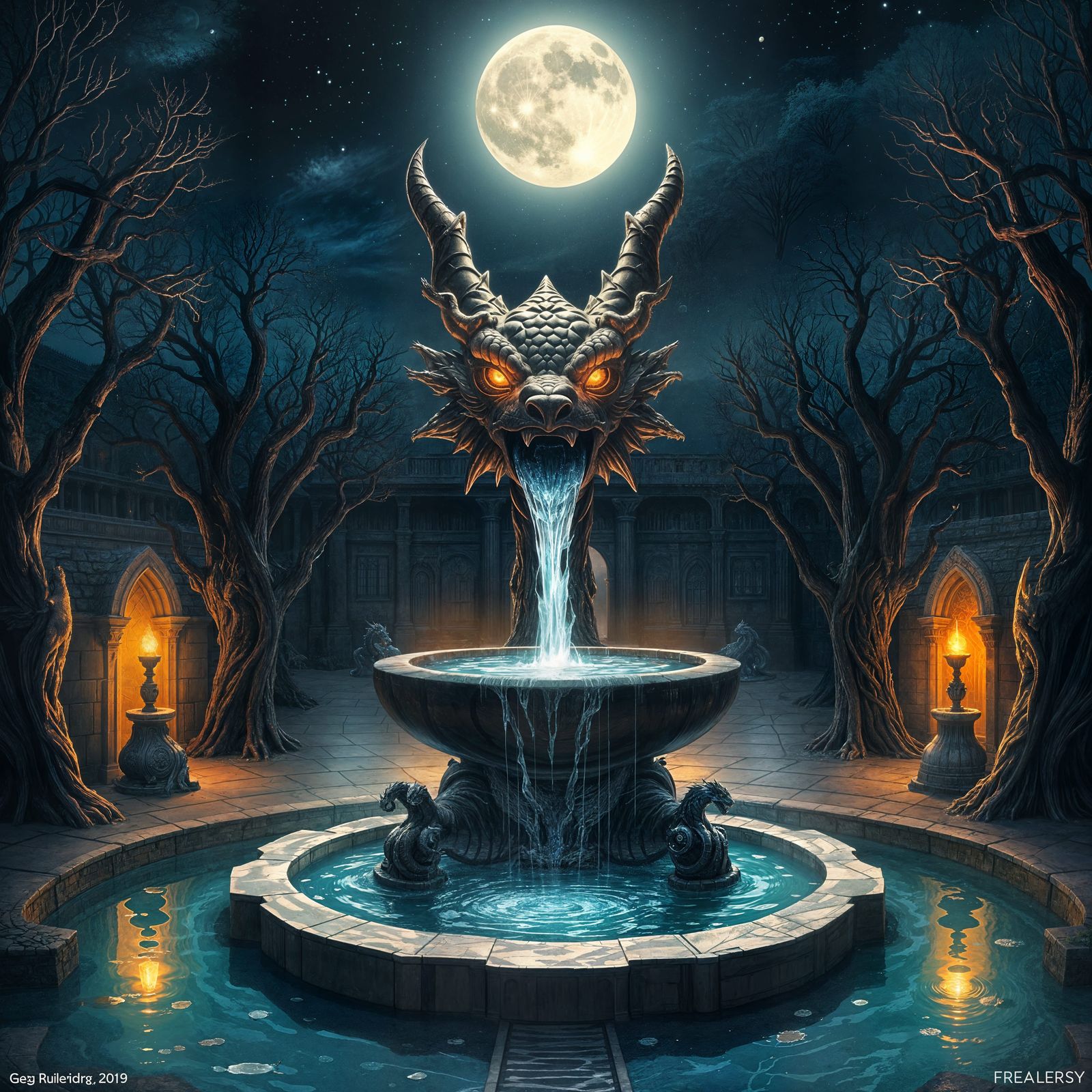 Glowing Dragon Fountain in Moonlit Courtyard