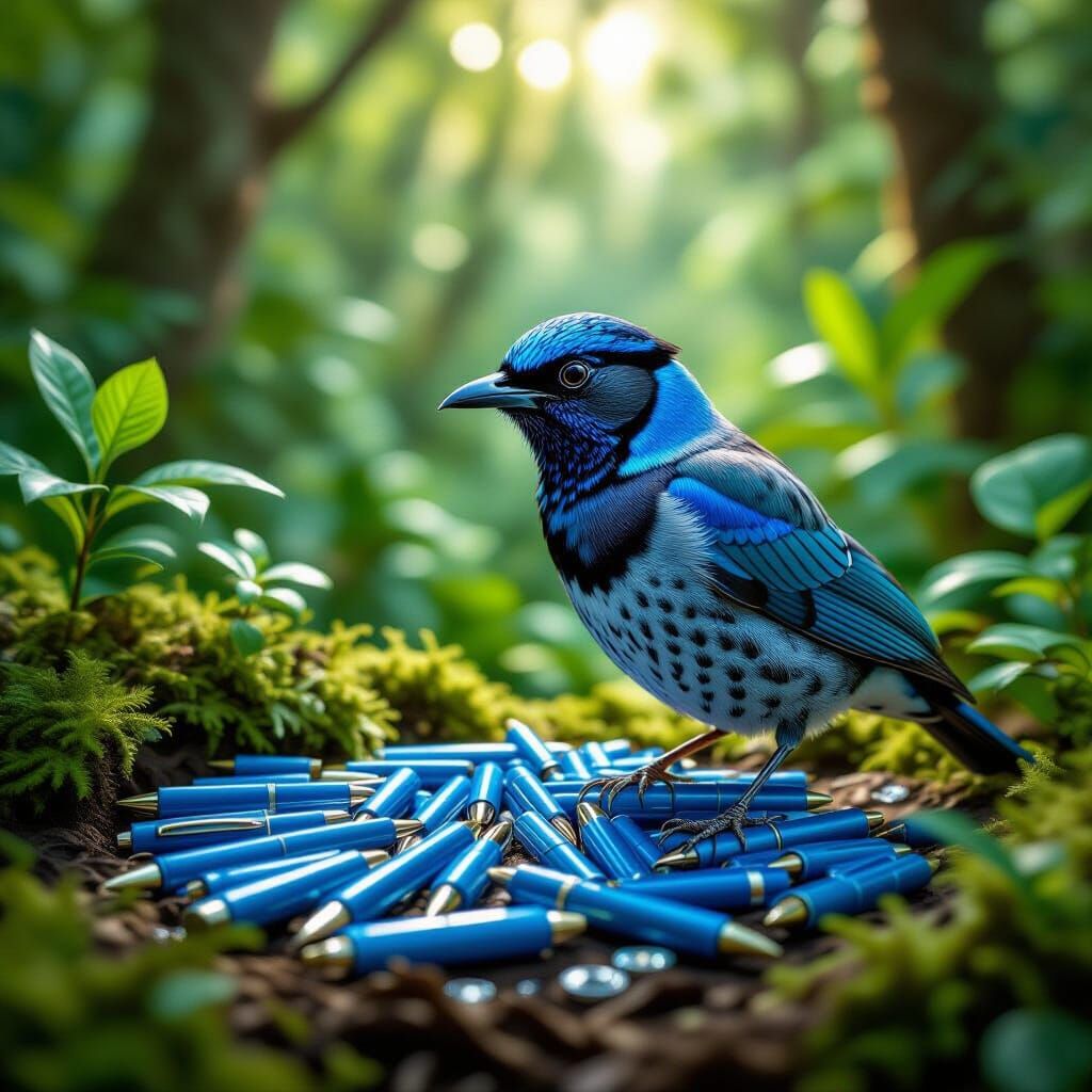 Bowerbird Collects Blue Pens in Rainforest Clearing