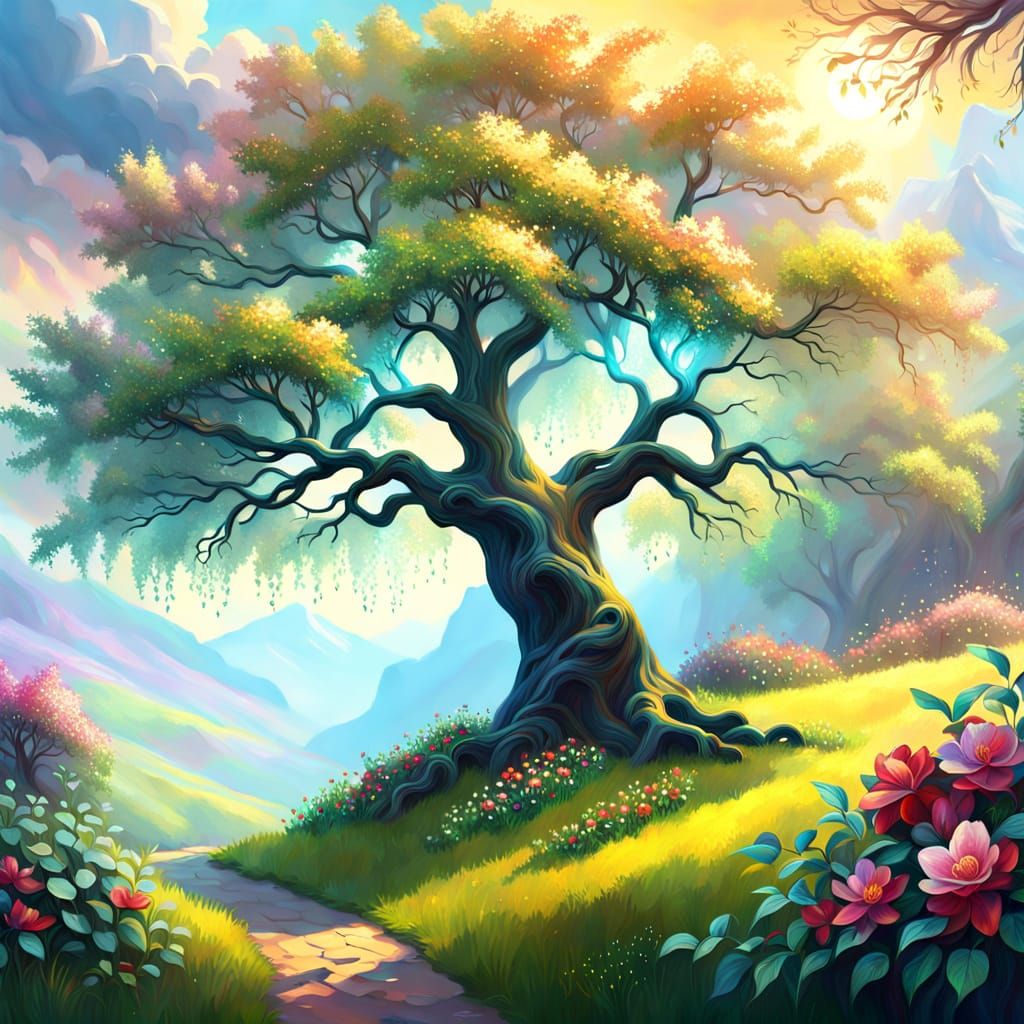Surreal Paradise: Majestic Apple Tree in Vibrant Bloom