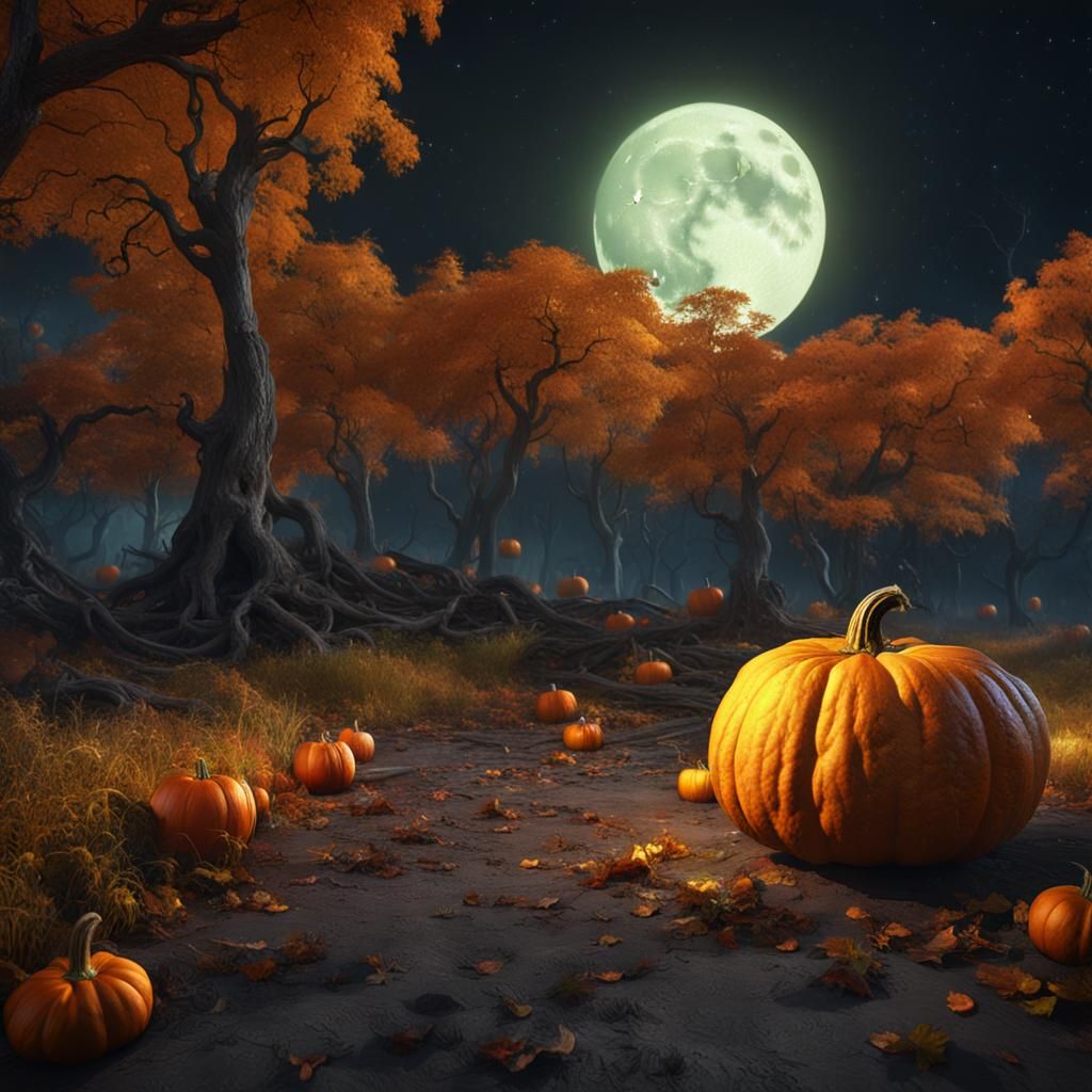 Orange Pumpkin and Yellow Moon Fantasy Art