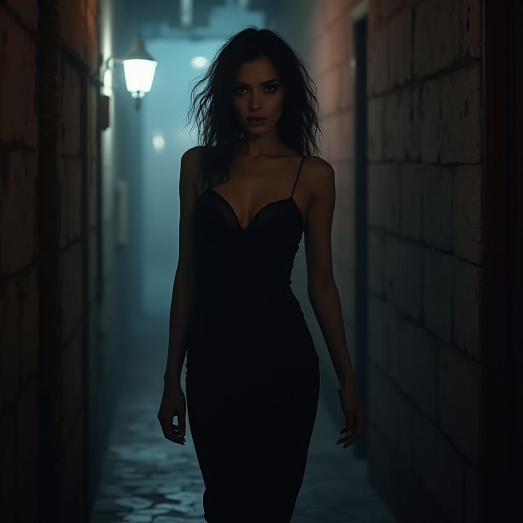 Gothic Vampire Emerges from Shadows in a Dark Alley