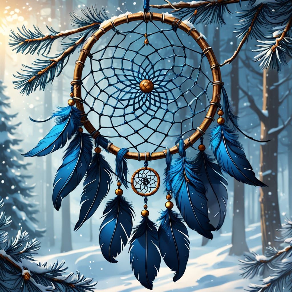 Blue Feathered Dreamcatcher in Winter: Comic Book Art