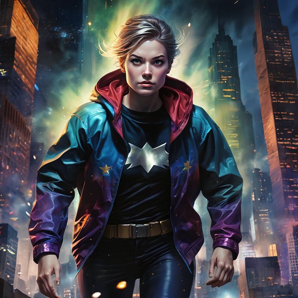 Female Superhero Flies in Graphic Novel Art Style