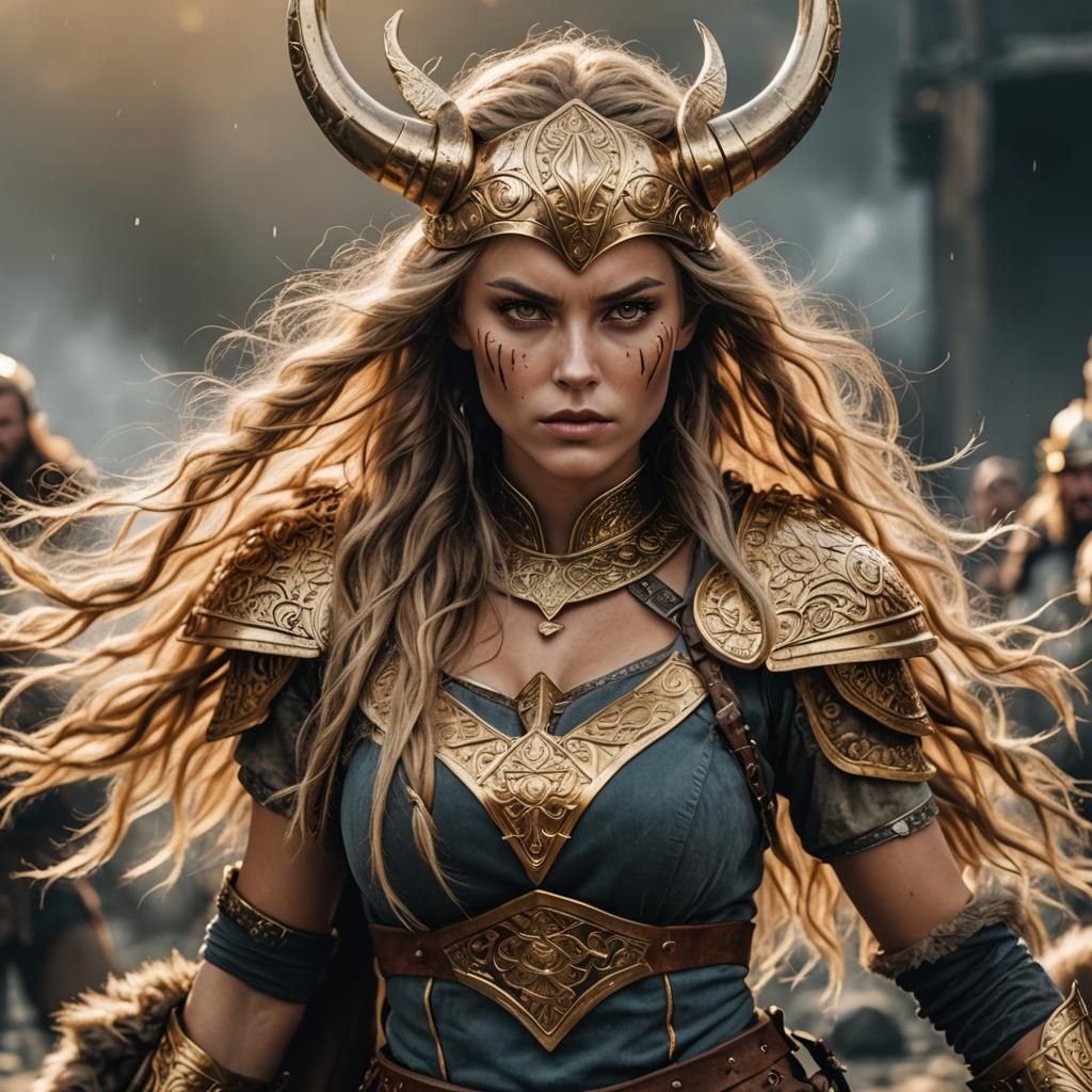 Stunning fierce woman with golden eyes, golden Viking attire, golden Viking them